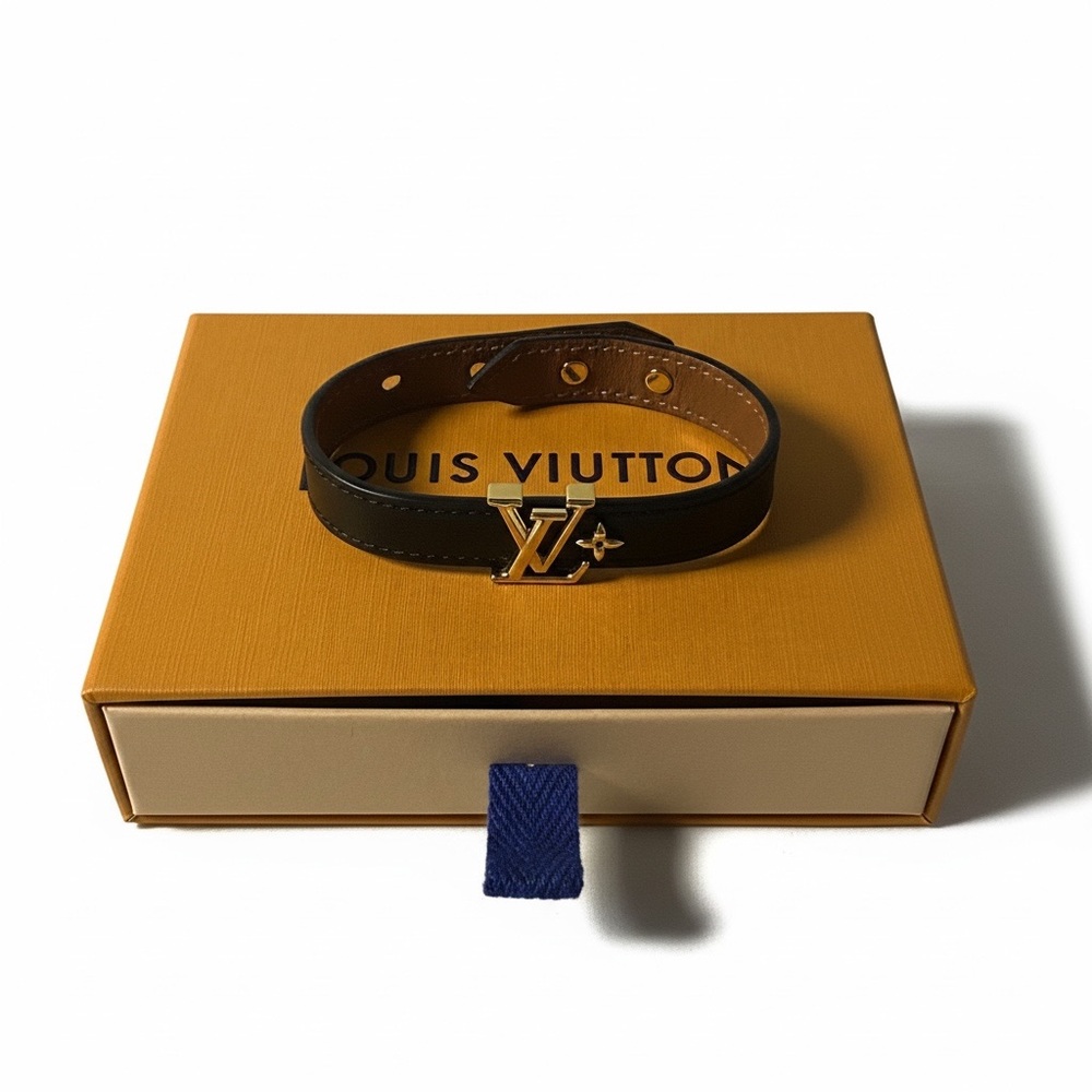 Authentic Louis Vuitton LV Iconic Bracelet Black Leather Gold Hardware Unisex - Picture 2 of 9